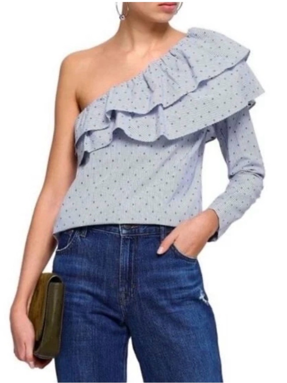 NWT Maje one-Shoulder Asymmetrical Ruffle Top Light Blue